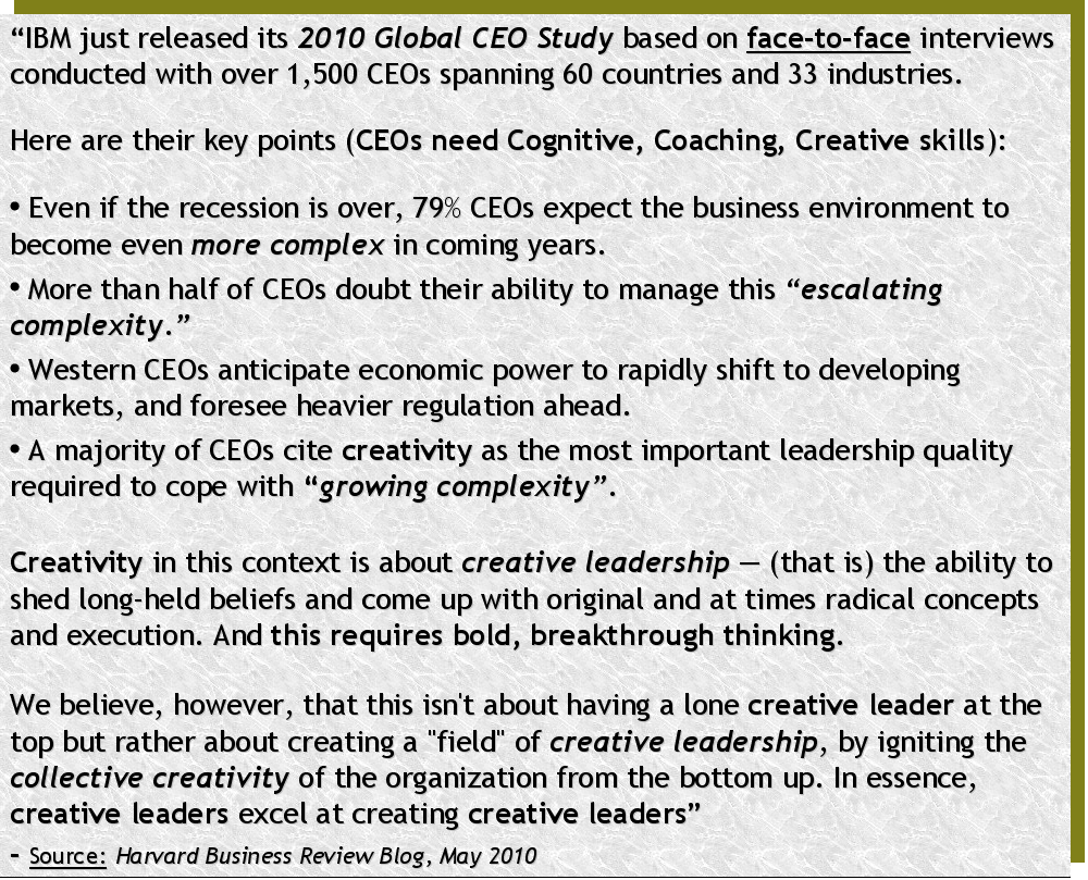 CEOs executives, managers, management professionals and entrepreneurs need very strong cognitive, coaching and creative leadership skills for Imagination Age Leadership Power